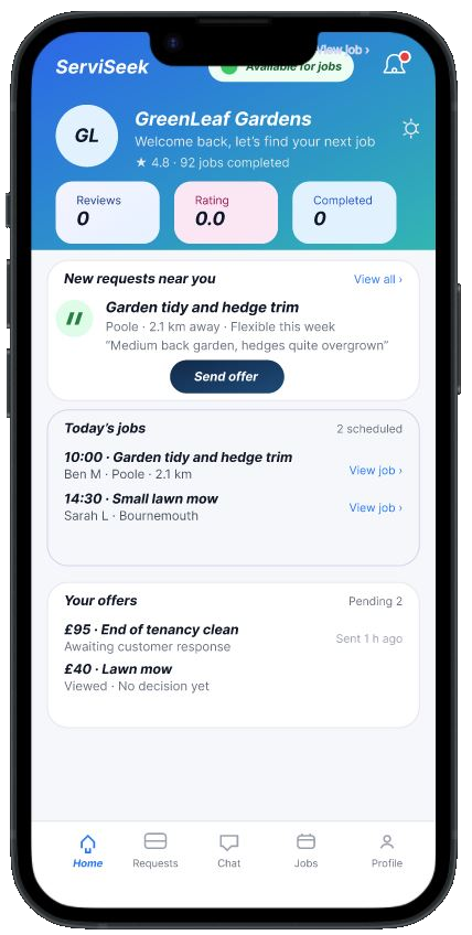 ServiSeek provider home screen